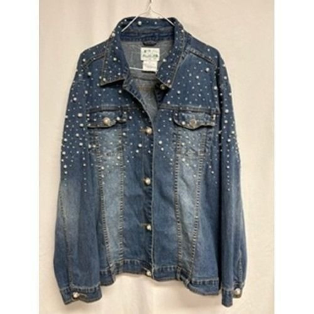 Quacker Factory Pearl Embellished Denim Jacket Blue Medium Wash Rhinestones XL